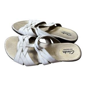 Clarks White Leather Wedge Heel Sandals Size 8